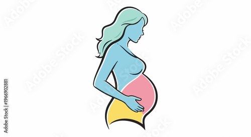 Silhouette of a pregnant woman with wavy hair and a colorful abdomen