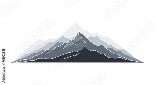Layers of grey mountains with white outlines against a white background