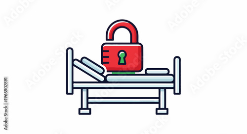 Hospital bed with an open padlock on its headboard