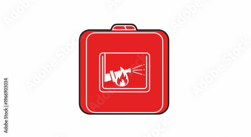 Red square sign with white outline depicting fire hose spraying water on flames