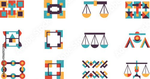 A collection of colorful geometric abstract designs and stylized balance scales, featuring squares, rectangles, circles, and triangles, is arranged in a grid pattern on a clean white background.