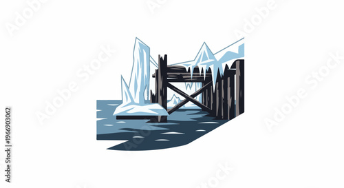 Frozen wooden pier with icy formations in water