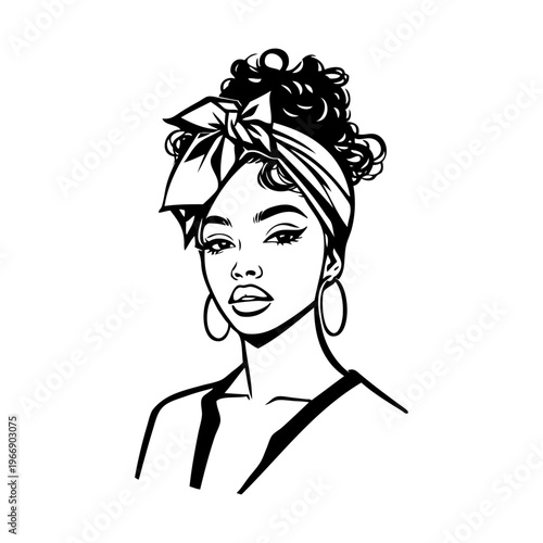 Logotipo boutique de moda. Dibujo de una mujer negra africana con un pañuelo en la cabeza y pendientes 