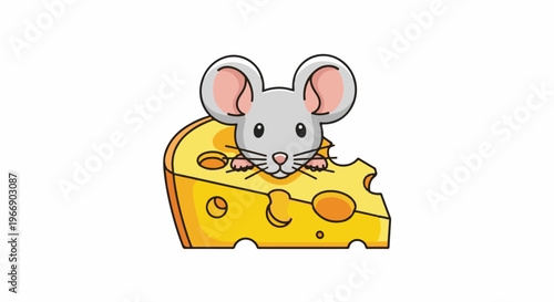 Cute cartoon mouse peeking over a wedge of Swiss cheese