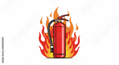 Red fire extinguisher surrounded by cartoon-style flames