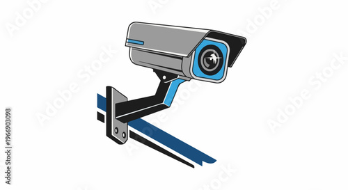 Modern surveillance camera mounted on wall with blue accents