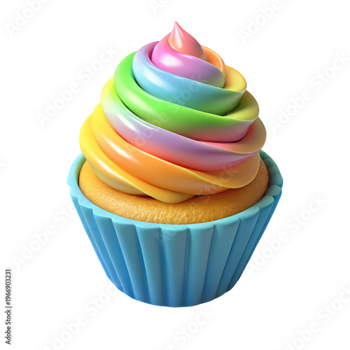 Rainbow swirl frosting on cupcake in blue wrapper on transparent background.