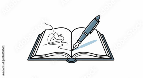Open book with a fountain pen writing a signature on a page