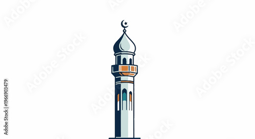 Stylized minaret with crescent moon topping a dome, detailed religious architecture