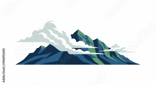 Stylized blue and green mountain peaks with fluffy white and gray clouds