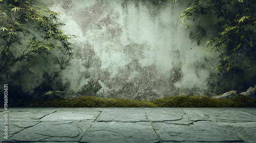 A backdrop of cobblestones, concrete walls, and green plants.
