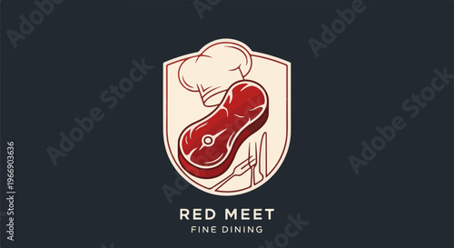 Emblem with steak, chef hat, fork, knife, and text