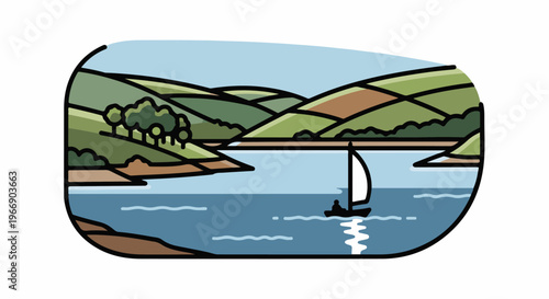 Gentle rolling hills overlook a calm lake with a sailboat and one person