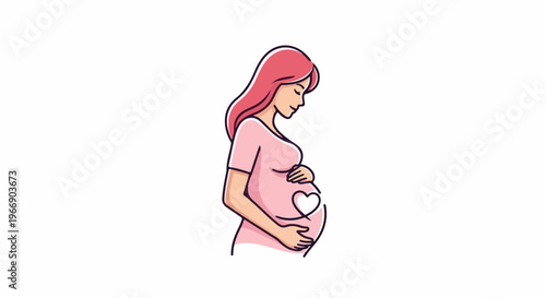 Pregnant woman with pink hair and shirt, holding belly with heart