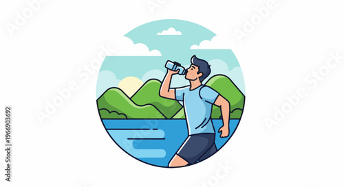 Man drinking from a water bottle while running beside a lake and hills