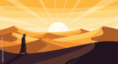 Lone figure walks across vast sand dunes under a bright sun