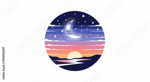 Stylized circular view of a sunset over water with a crescent moon and stars above