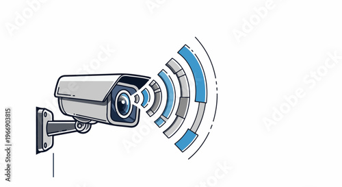 Modern security camera with wireless signal waves emanating outwards
