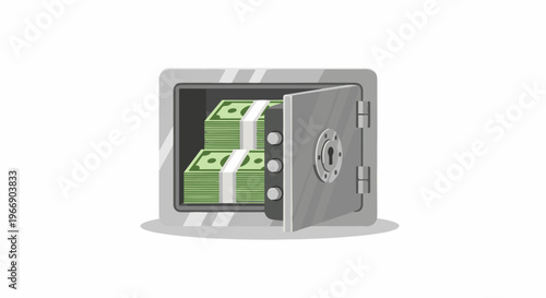 Open metallic safe filled with stacks of cash, on white background