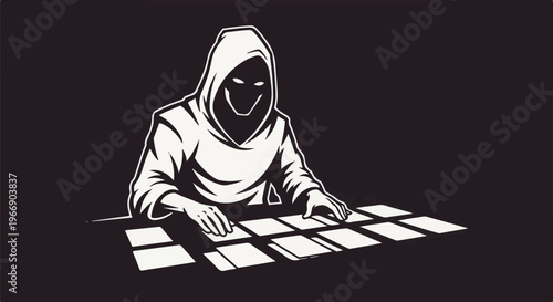 Hooded figure with a grinning, shadowy face arranges cards on a dark surface