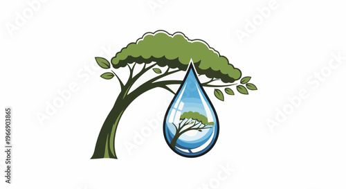 Green tree with a water droplet reflecting another tree