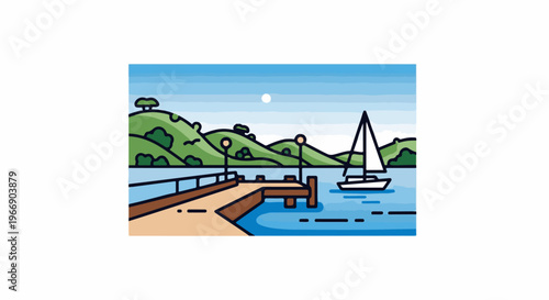 Gentle waves lap a wooden pier near green hills and a single sailboat