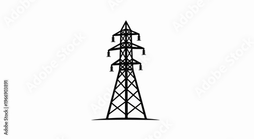 Silhouette of a tall power line pylon against a white background