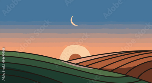 Gently rolling fields under a crescent moon and sunrise sky