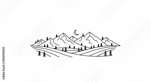 Minimalist line art of a mountain range with a crescent moon and trees