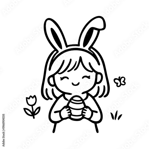 Dibujo sencillo con líneas de una niña contenta disfrazada con orejas de conejo de Pascua, sosteniendo un huevo de Pascua 