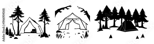 Forest camping tent icon set with solid black silhouette against white background featuring outdoors, camping, tent icon with design and illustration for travel, adventure, nature