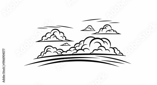Stylized black and white drawing of fluffy clouds over a sweeping landscape