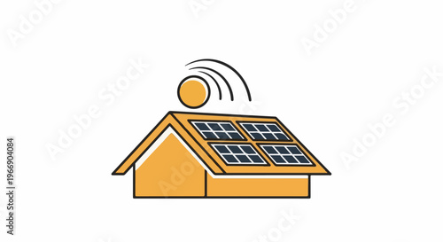 Stylized house with solar panels and sun icon, representing renewable energy