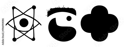 Quantum computing qubit atom set with solid black icon on white background featuring qubit, atom, quantum mechanics with iconography and vector graphics