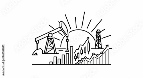Oil rig, rising charts, and sun beams depict industry growth and energy extraction