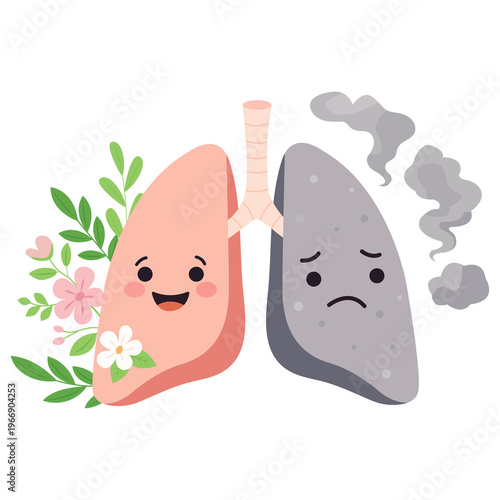 Happy healthy lung and  sick unhappy lung.Internal organ need medical help. Lungs disease from smoking and vaping, concept