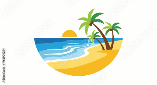 Sunny beach with palm trees and ocean waves under a warm sun