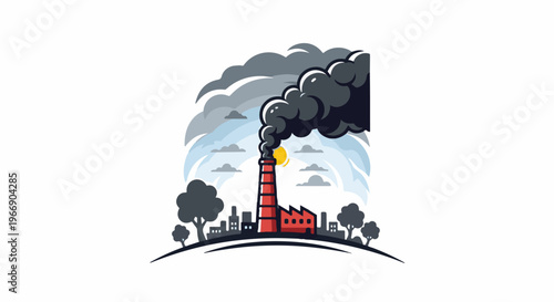 Red factory chimney releases dark smoke against a cloudy sky