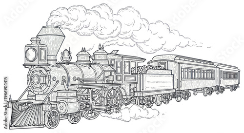Vintage Steam Train Locomotive with Passenger Cars, Black and White Sketch
