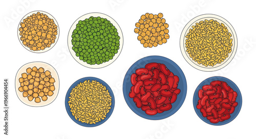 Assortment of Dried Beans and Lentils in Bowls, Top View