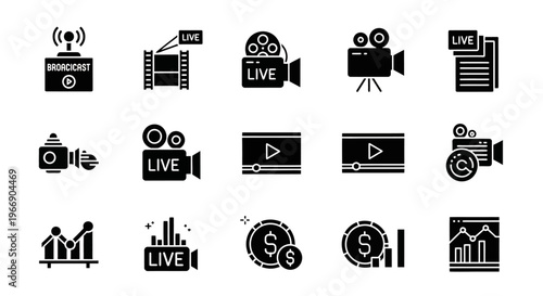 Live Streaming Icon Set UI UX, Broadcast Video Monetization Flat Vector Icons Pack