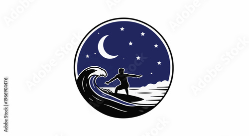 Surfer rides a wave under a starry night sky with a crescent moon