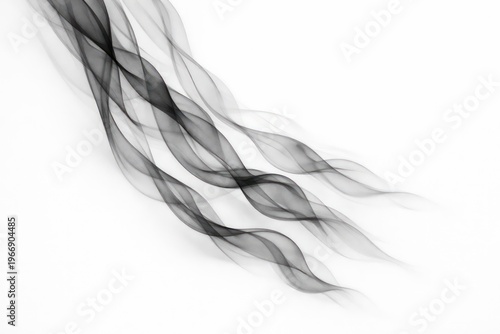 Abstract black smoke waves on white background, flowing silk ribbon curves, elegant monochromatic motion lines for minimalist design