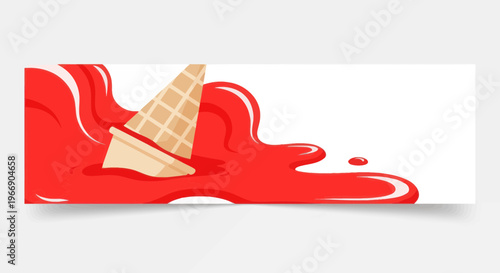 Melting Ice Cream Cone with Red Sauce Spill on White Background