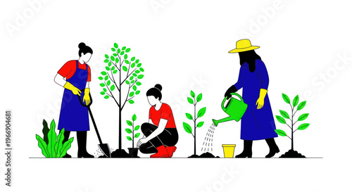 People planting trees and watering plants in a garden, illustration