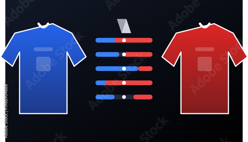 Hand-drawn sports infographic comparing blue and red team jersey statistics using horizontal bar charts dark background authentic illustration