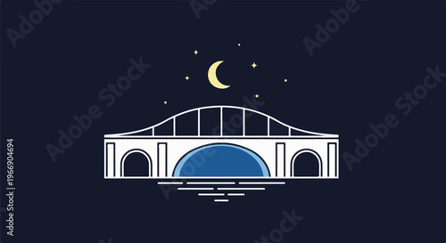 Stylized bridge under a crescent moon and stars, reflected in water