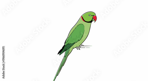 Detailed illustration of a green parrot with red beak and neck ring