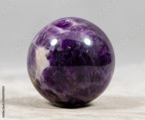 Amethyst Crystal Sphere on Rustic Wood, Polished amethyst sphere with translucent marbling and glossy reflections; high‑res product shot for design and branding.