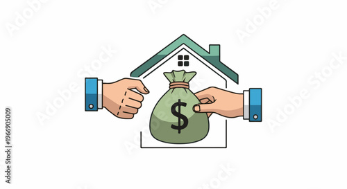 Two hands exchange a money bag under a house outline